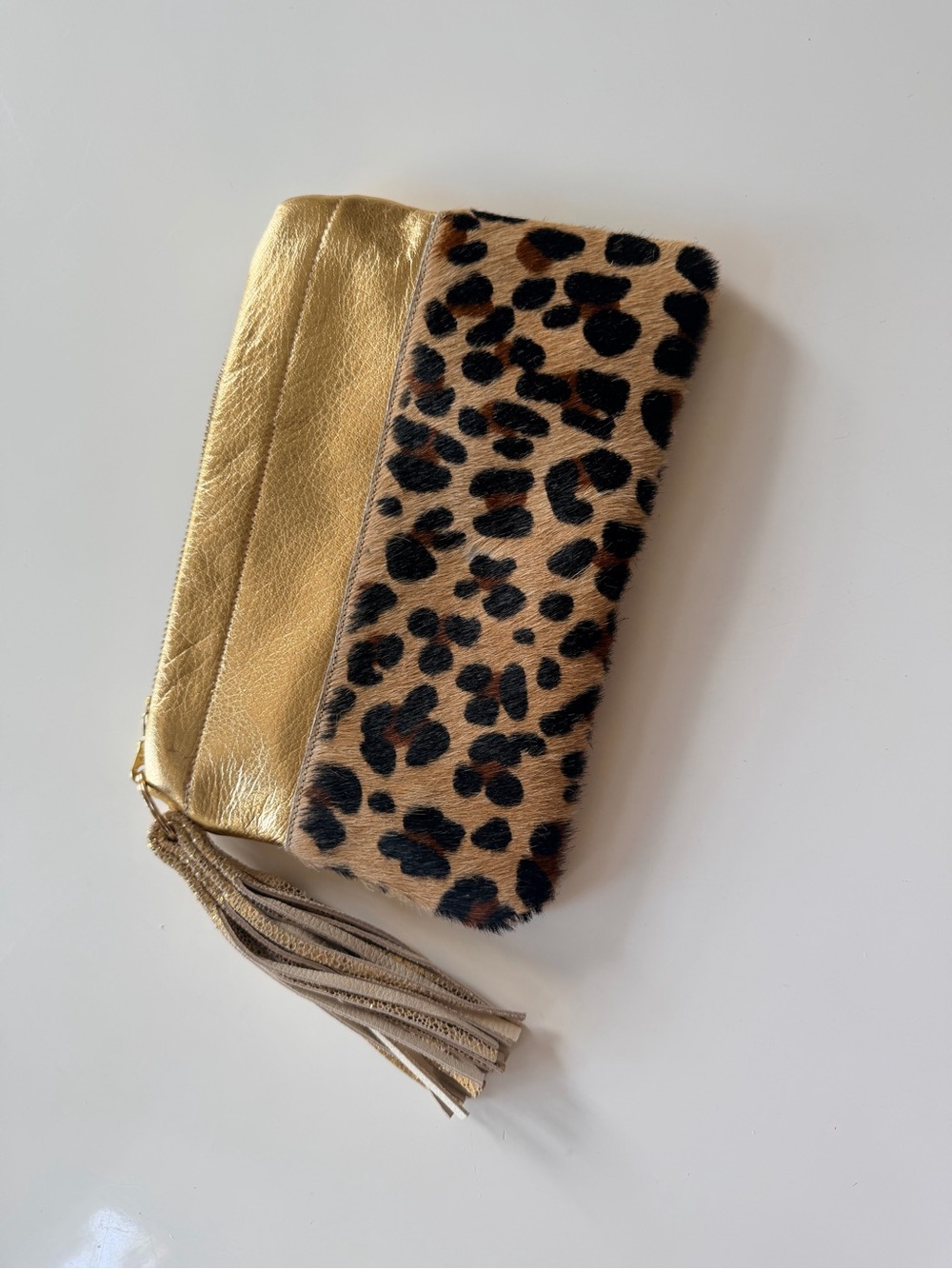 Oath & Stone Gold Leopard Print Tassel Wristlet Clutch Metallic Evening Bag
